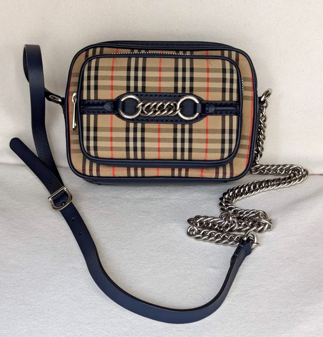 LIKE NEW Burberry Check Link Crossbody Camera Bag in Ink Blue Luxury Bags Wallets on Carousell