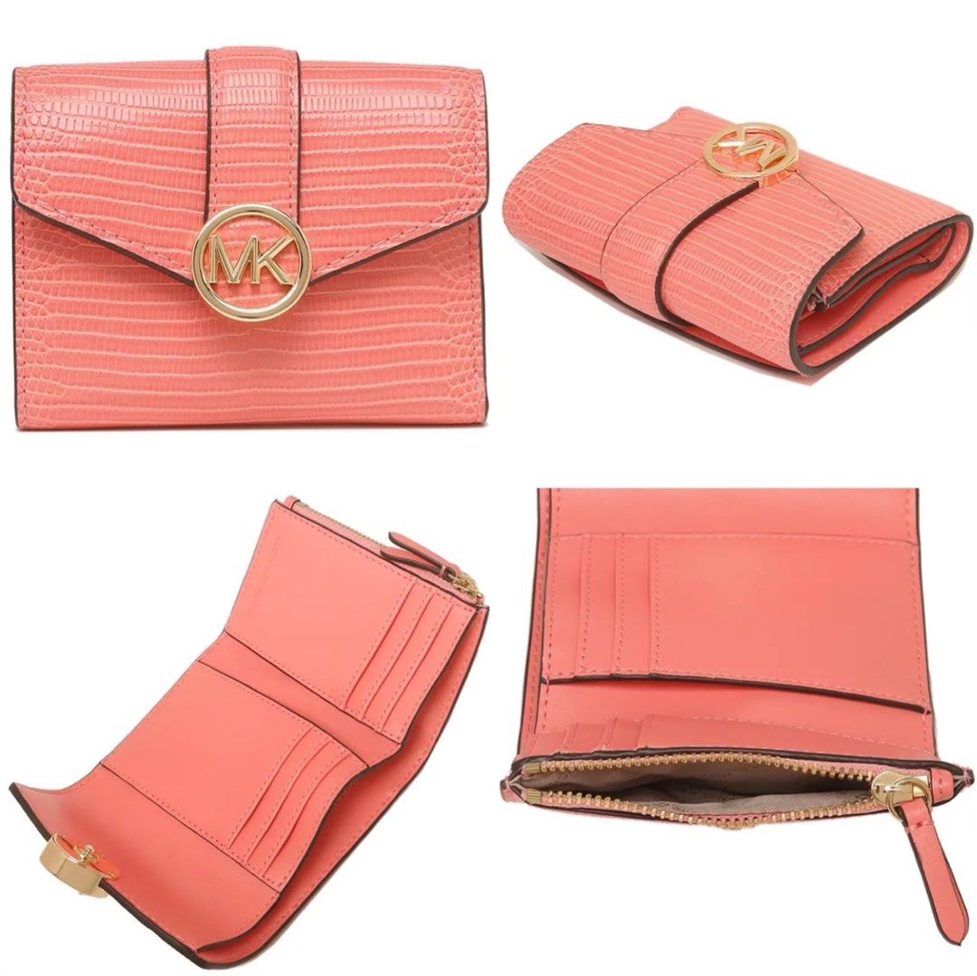 Michael Kors Carmen Medium Flap Bifold Wallet Grapefruit Embossed