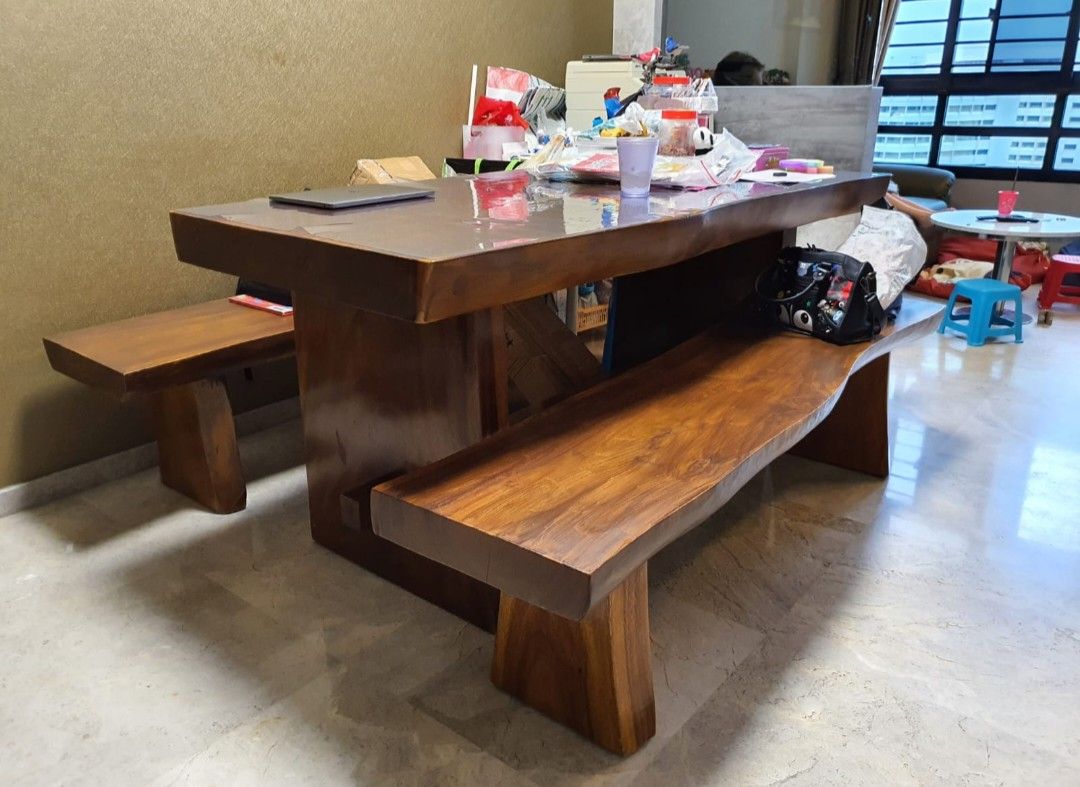 Solid Wood Table & Benches, Furniture & Home Living, Furniture, Tables & Sets on Carousell