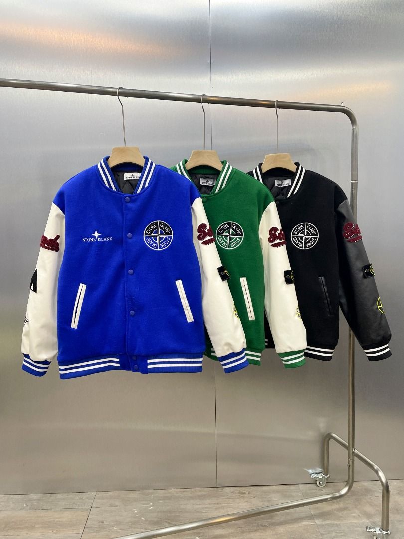 Stone Island石頭島拼接PU皮加棉棒球服夾克外套, 男裝, 外套及戶外衣服