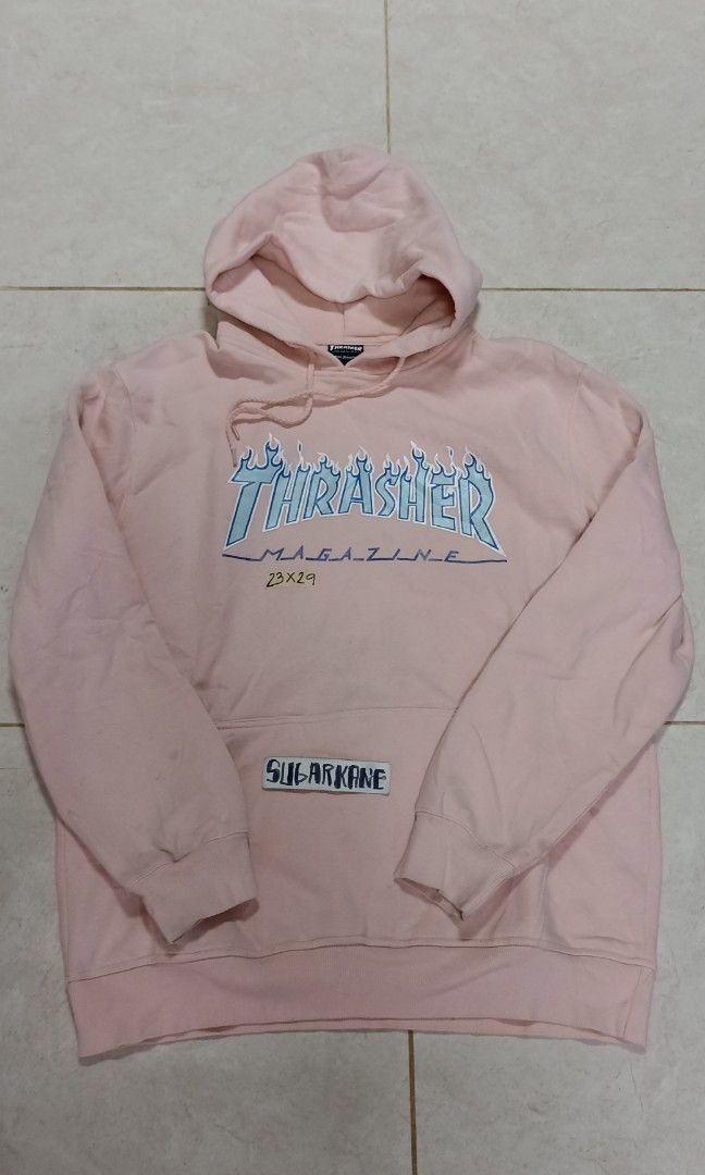 Pink thrasher hoodie with blue flames outlet