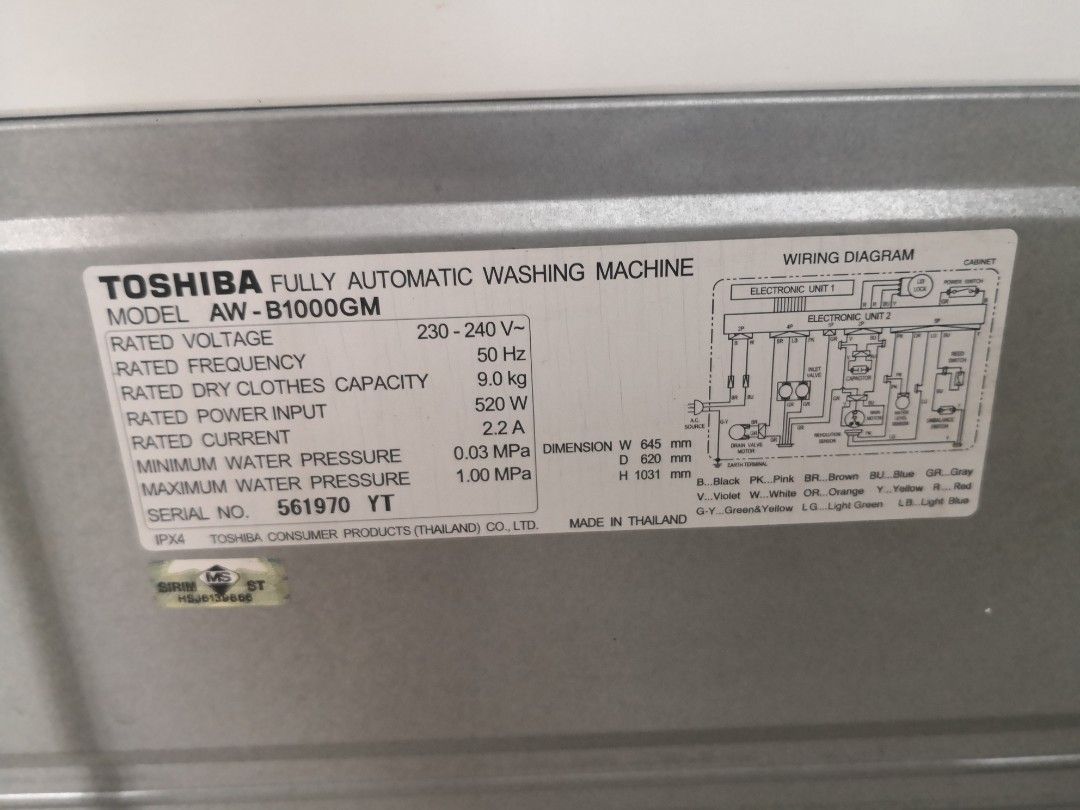 Toshiba AWB1000GM (spoilt error code E74), TV & Home Appliances, Washing Machines and Dryers on