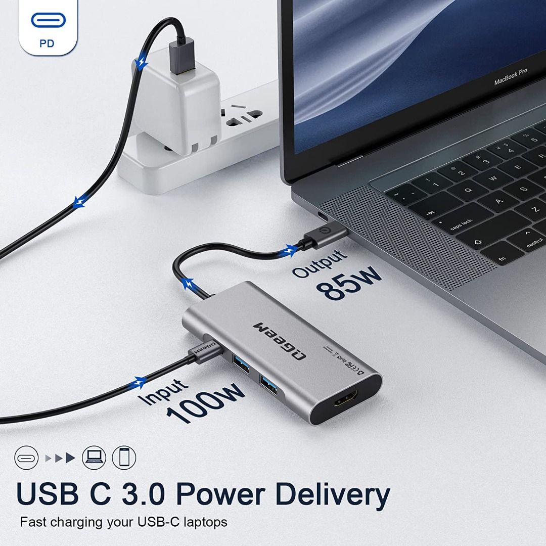 USB C to HDMI Adapter, 4K USB Type-C (Thunderbolt 3) Multiport Hub, 3 in 1  HDMI Port, USB 3.0 Port and USB C Fast Charging Port, Compatible with  MacBook Pro 2020/2019, Ipad pro 2020 