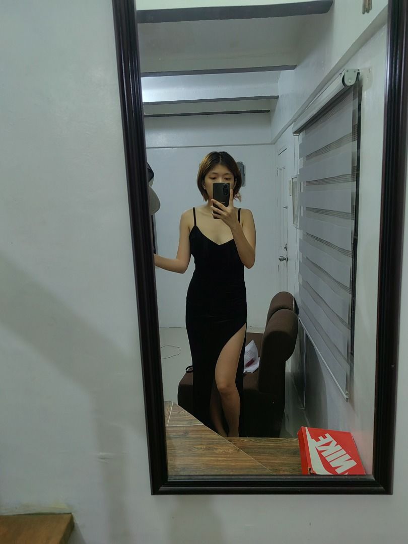 Velvet long gown with high slit, Women's Fashion, Dresses & Sets ...