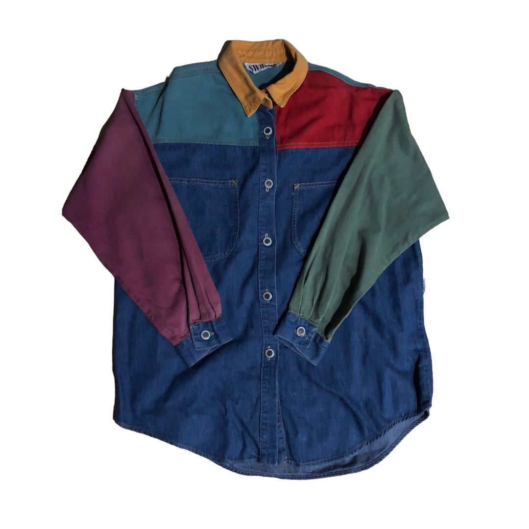 Vintage 90s 80s Color Blocking Long Sleeves Polo Men s Fashion