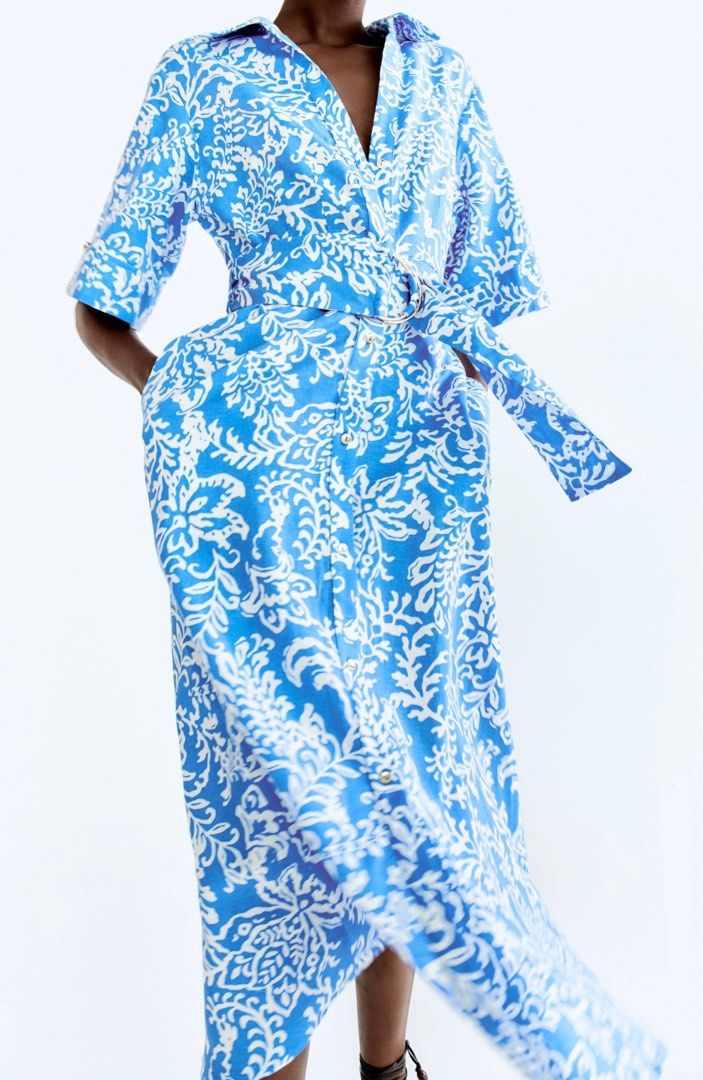 Zara Blue & White Printed Linen Blend Long Midi Shirt Dress, Women's  Fashion, Dresses & Sets, Dresses on Carousell