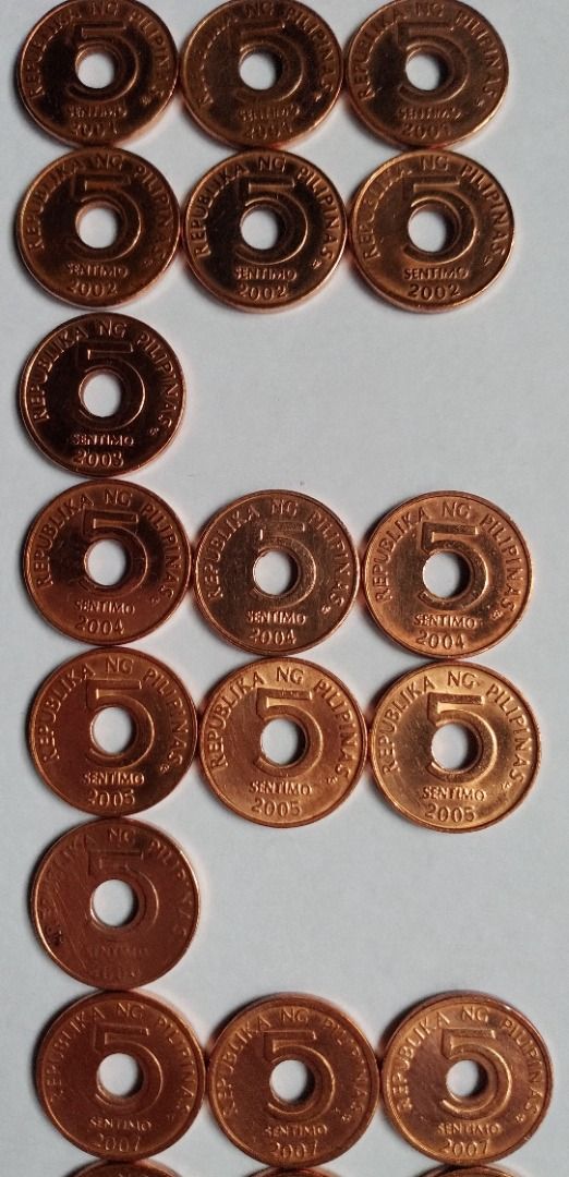 5 Sentimo BSP Coins (Category: Currency) located in Bacoor. Submitted by leo_santiago (Listing ID 1202686393, Image 3). Description: For coin collectors: Forsale BSP 5 Sentimo hard to find coins. Price varies based on the year of mintage. -Year not listed below is not available. -Shipping fee shoulder by the buyer. *2001- 500 pesos each. *2002- 300 pesos each. *2003- 500 pesos each. *2004- 500 pesos each. *2005- 250 pesos each. *2006- 500 pesos e