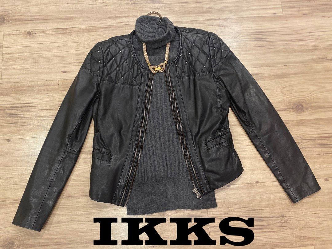 🇫🇷 法國品牌IKKS黑色100%羔羊修身短版皮夾克. 外套Size:S#二手, 名牌精品, 精品服飾在旋轉拍賣