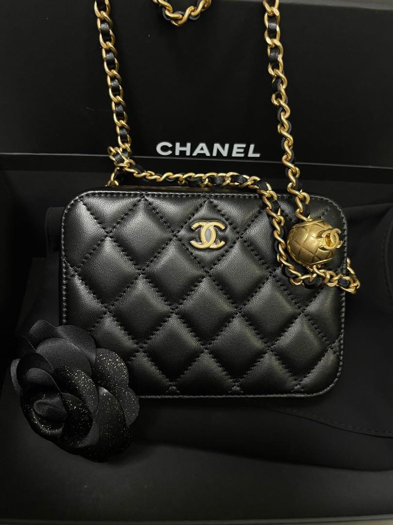 Authentic CHANEL Grey Lambskin Pearl Crush Mini Vanity Camera Bag in Aged  GHW