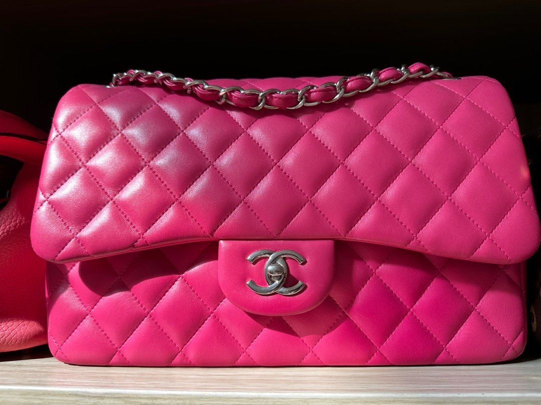 Chanel Classic Medium Double Flap Quilted Leather Shoulder Bag Neon Pink