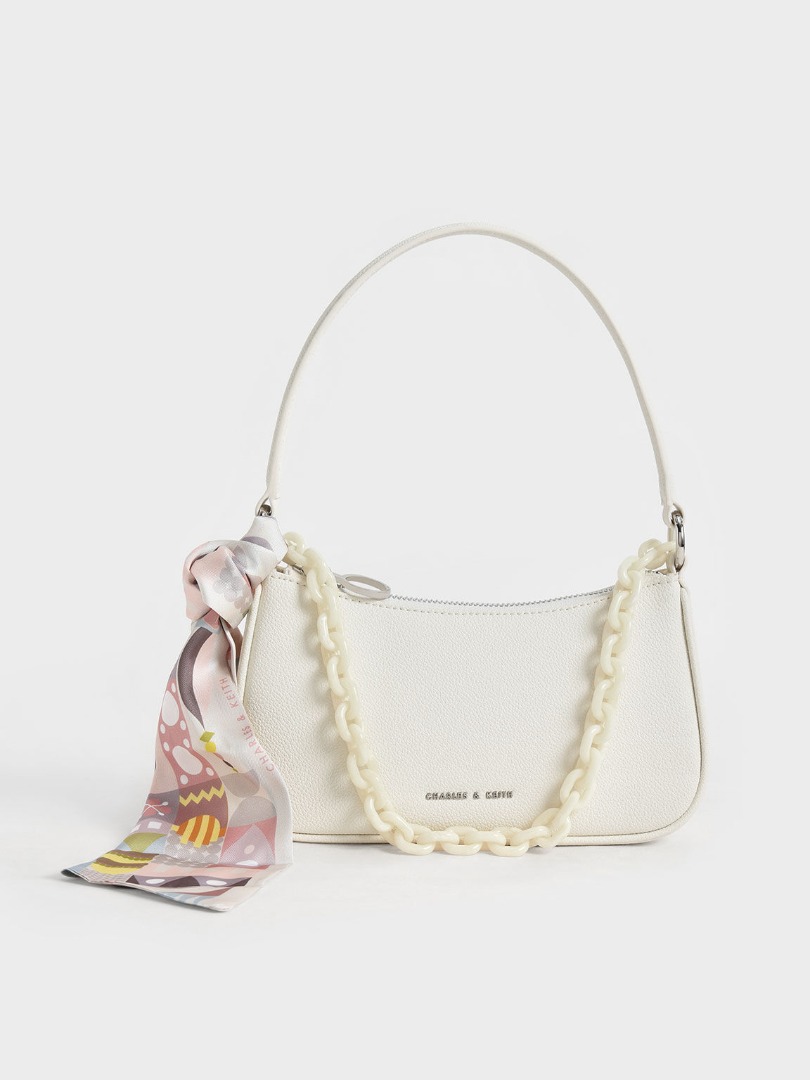 Charles and Keith Alcott Scarf Chain Link Shoulder Bag Cream