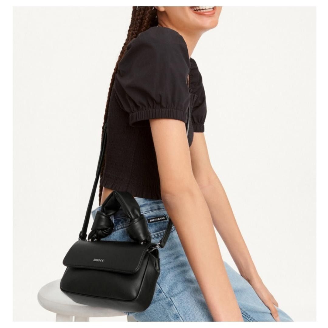 DKNY Sasha Small Crossbody Flap Over Knot Bag (Black), Women's Fashion