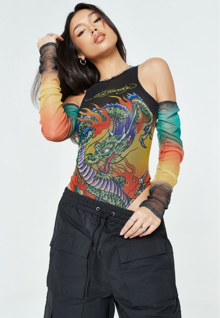 Ed Hardy x Missguided black mesh ombré bodysuit SIZE S, Women's Fashion,  Tops, Other Tops on Carousell
