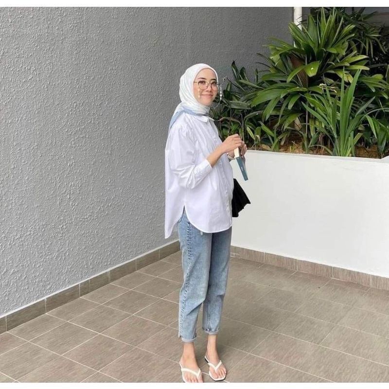 Kemeja cotton viral putih baggy muslimah oversized shirt labuh