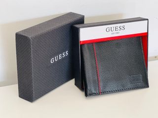 NEW! GUESS BLACK RED BILLFOLD BIFOLD GENUINE LEATHER & VALET WALLET $42 SALE