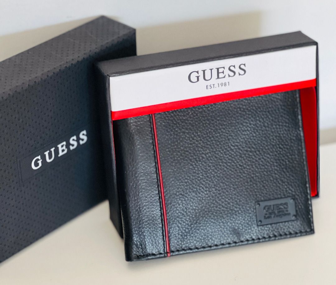 GUESS Black Red Logo RFID Protection Mens Bifold Wallet NEW $42