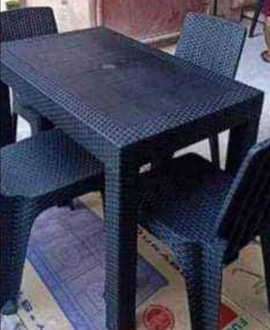 Rattan Table with glass & 4 Chairs, Furniture & Home Living, Furniture