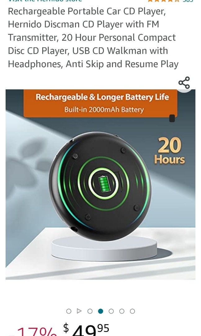 Rechargeable Portable Car CD Player, Hernido Discman CD Player with FM Transmitter, 20 Hour