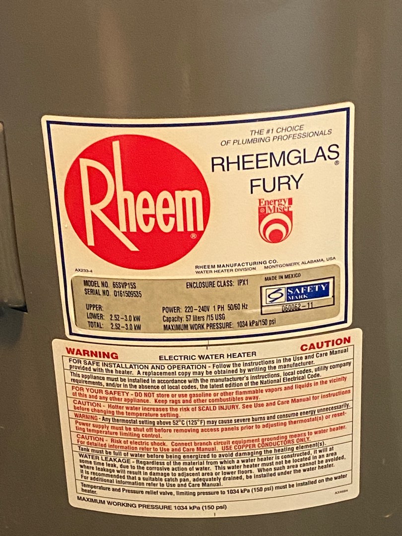 Rheem Storage Water Heater 15 gallon 65SVP15S, TV & Home Appliances