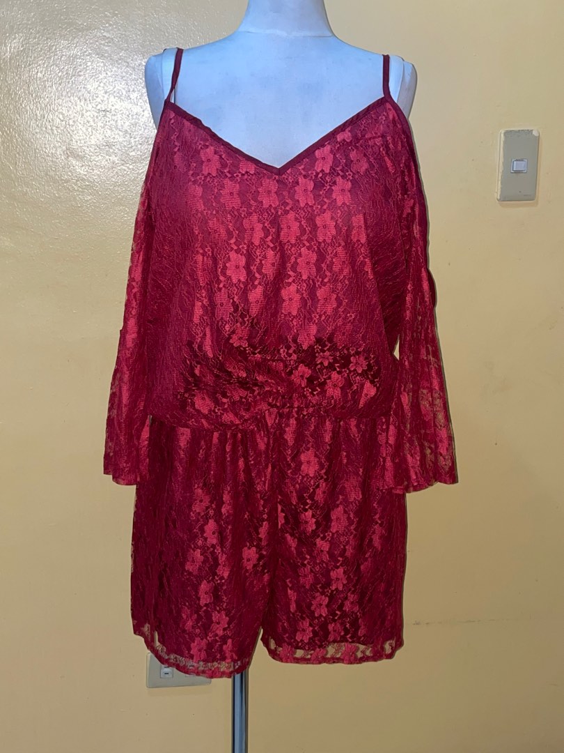 Shein curve plus size maroon red lace set coords coordinates terno ...