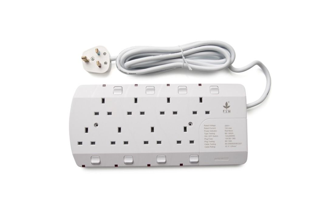 豐葉牌8拉拖板帶獨立開關(雙排) FYM 8 x 13A Extension socket outlet S908, 家庭電器, 轉插器及插頭 ...