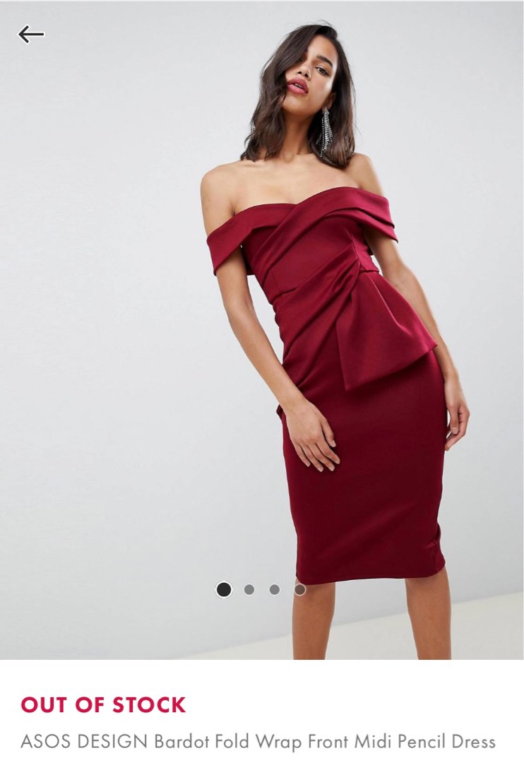 ASOS DESIGN Bardot Fold Wrap Front Midi Pencil Dress, Women's Fashion,  Dresses u0026 Sets, Dresses on Carousell