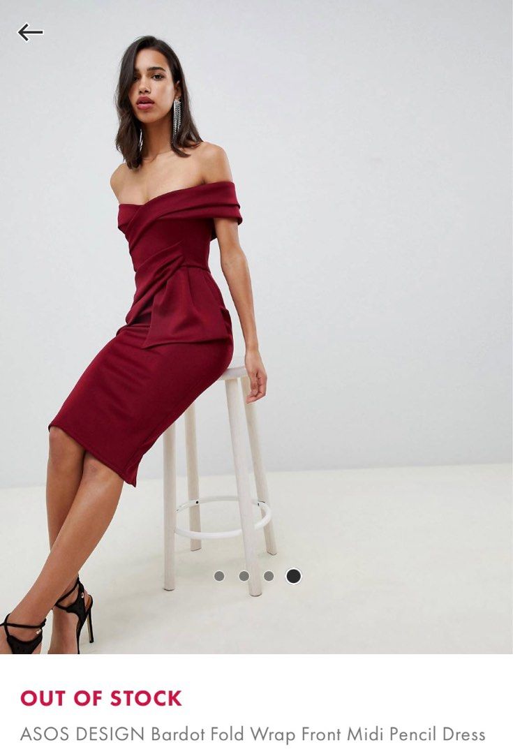 Asos bardot fold wrap front midi pencil dress 2025