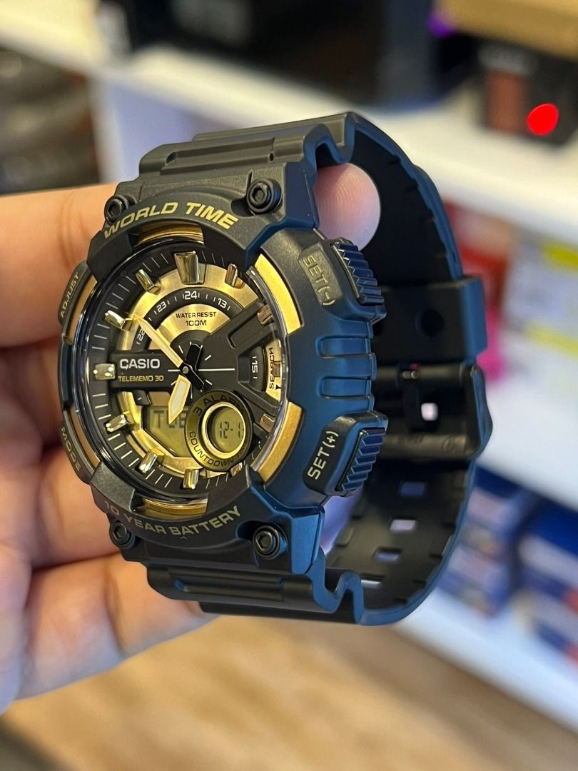 CASIO World Time Analog Digital Black Resin Band Gold Dial Men's Watch