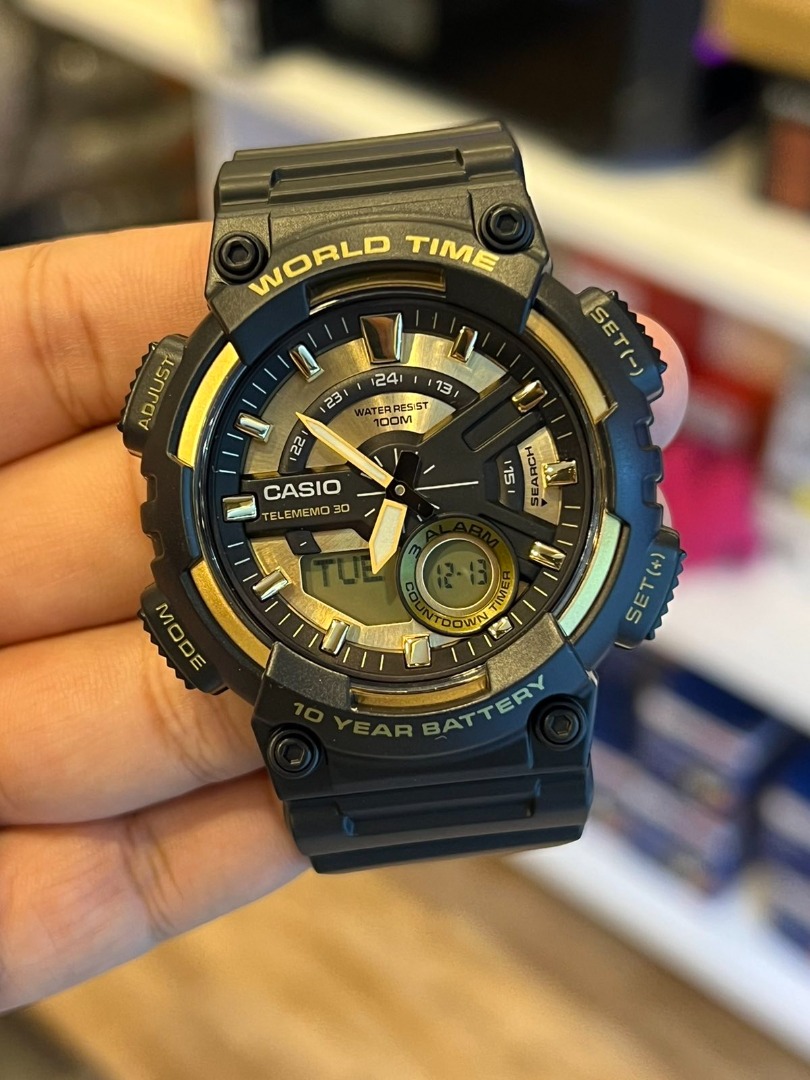 CASIO World Time Analog Digital Black Resin Band Gold Dial Men's Watch