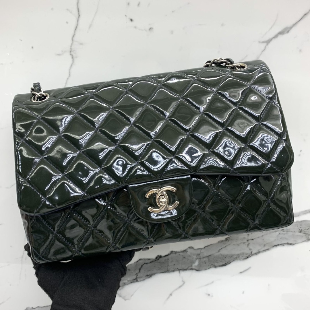 2008 Chanel Classic Jumbo Quilted Patent Leather Rare Olive Green - Ruby  Lane