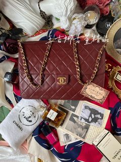 Chanel vintage25公分勃艮第紅金鍊/平面羊大方胖包/網紅款/少見色/酒紅色