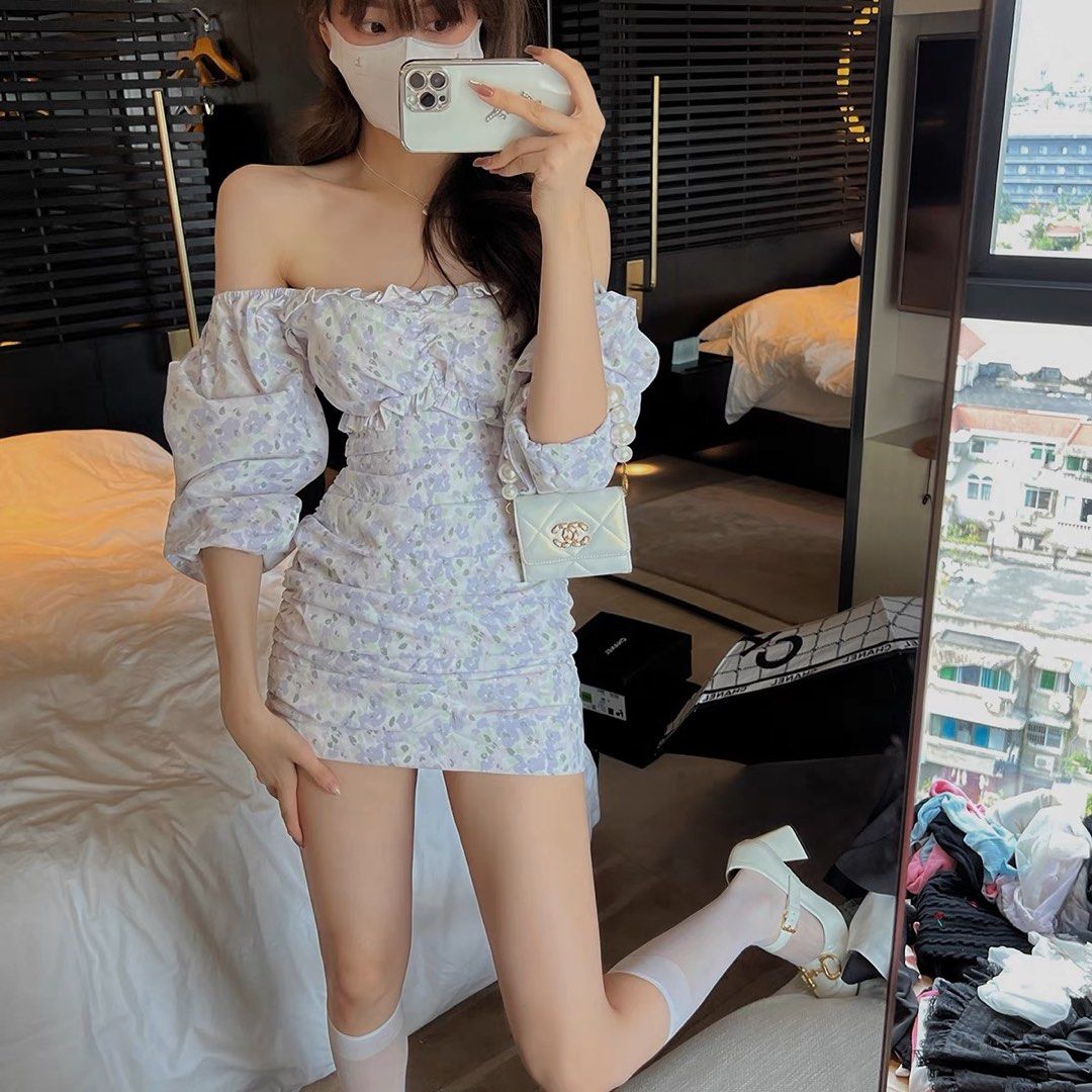 Long Sleeve Off Shoulder Floral Lilac White One Piece Short