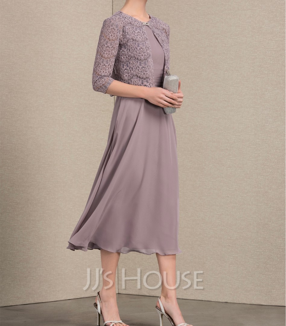 JJs House A line Scoop Neck Tea Length Chiffon with Ruffle