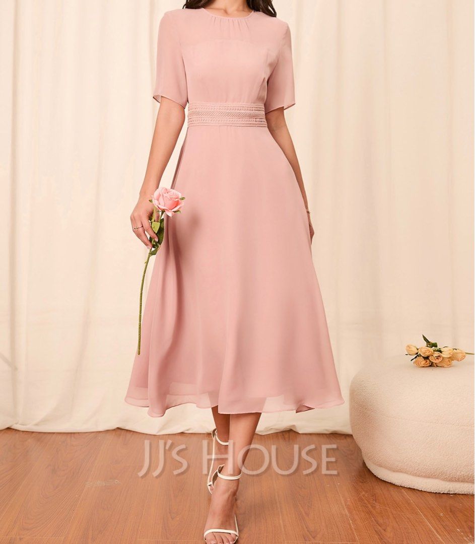 JJs House Bride s Maid Dress Round Neck Short Sleeves Elegant A