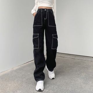 Korean Women Cargo Straight Stitching High Waist Denim Jeans Trendy Baggy Pants