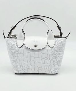 LONGCHAMP White Croc Embossed Leather Mini Le Pliage Bag with Detachable Strap