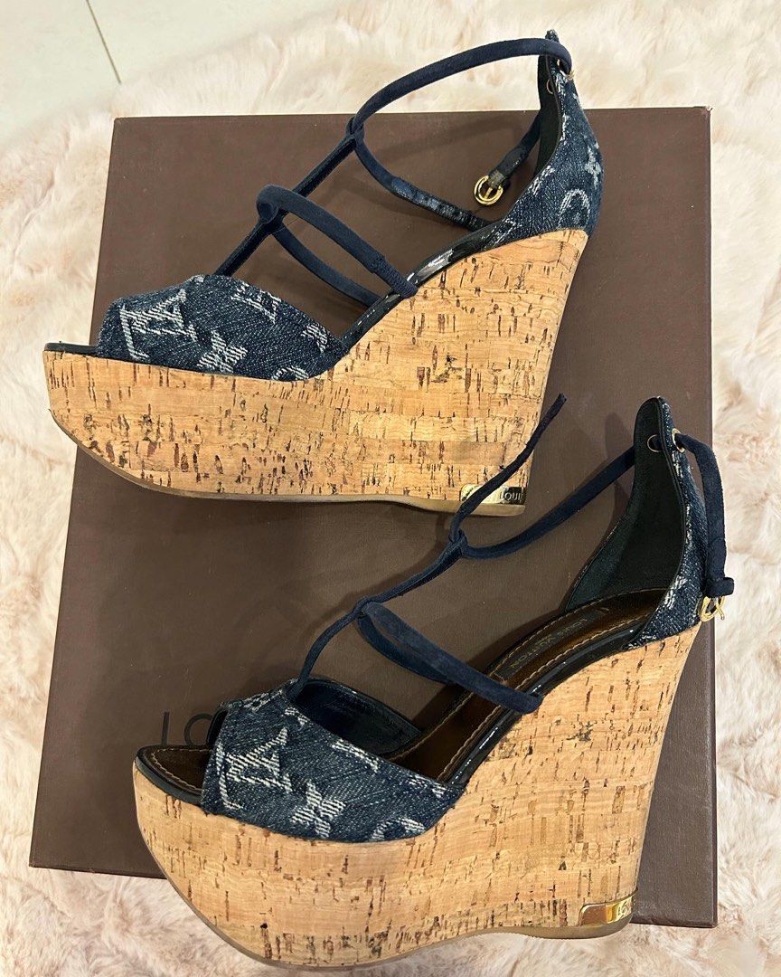 Louis Vuitton Black Monogram Denim Blue Oasis Wedge Sandals Size