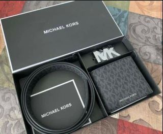 Michael Kors Men's Belt Wallet Gift Set Reversible Black Signature MK Leather
