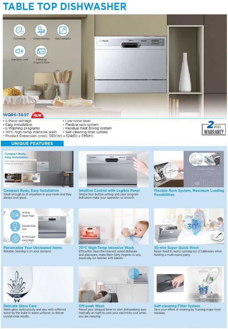 Midea Table Top Dishwasher WQP63607, TV & Home Appliances, Kitchen
