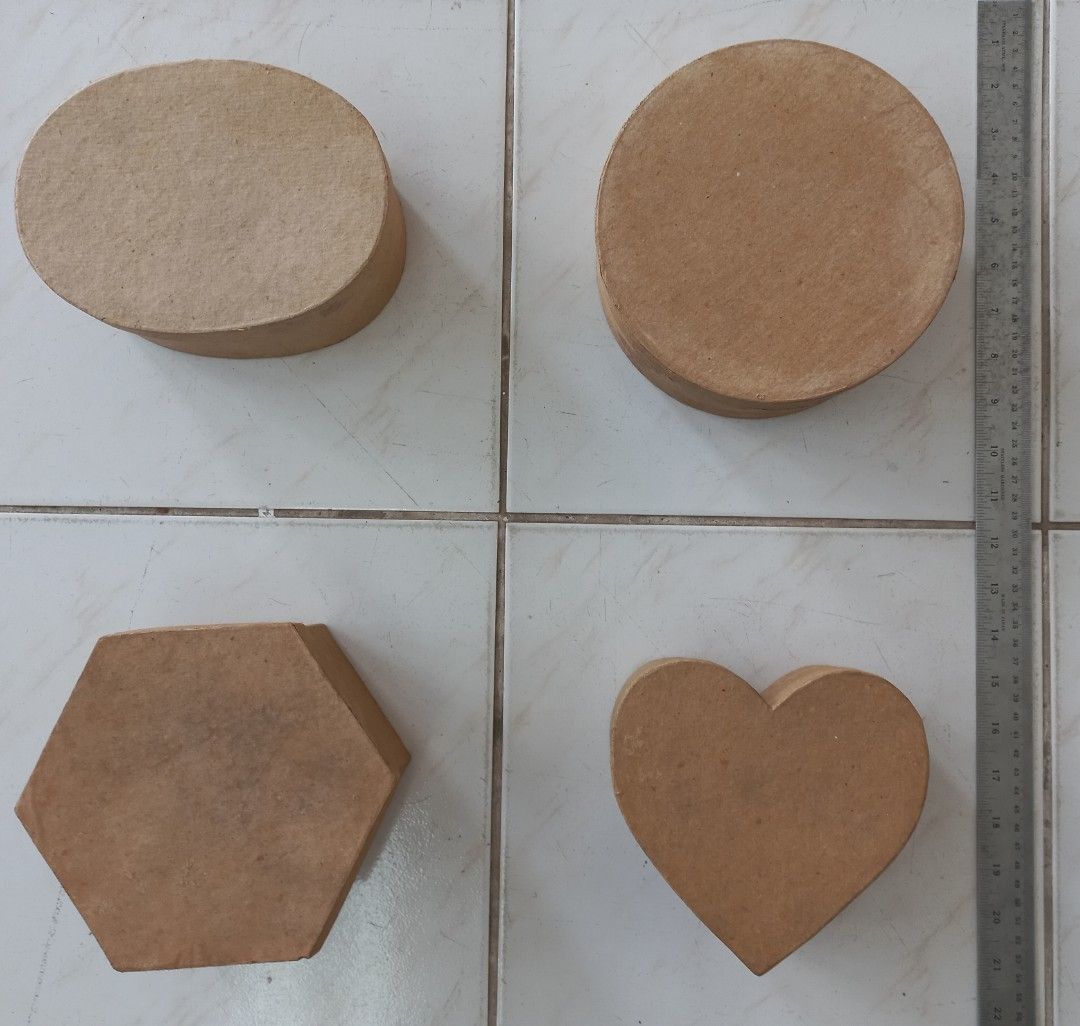 Paper Mache Box (Category: Craft Supplies & Tools) located in Quezon City. Submitted by CraftsItemsCleanUpSale (Listing ID 1191564121, Image 1). Description: Paper Mache Box Php 15 per pc Plain Brown Boxes - a few pcs left Square 8" - 6pcs Round 7" - 6pcs Hexagon 7" - 3pcs Heart 6" - 5pcs Oblong 7" - 23pcs Round small 6pcs Oblong small 3pcs Hexagon small 3pcs Kindly Note: Crafts Items Clean Up Sale Please chat with me for any questions or for mor