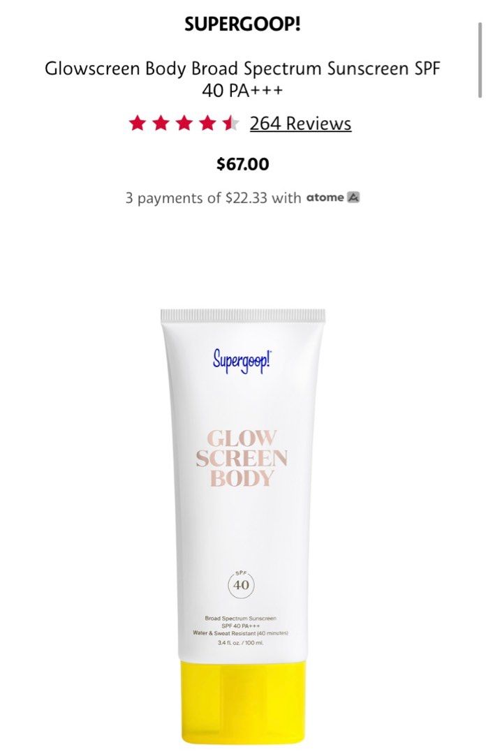 Supergoop! Glowscreen Body Broad Spectrum Sunscreen SPF40 PA+++, Beauty & Personal Care, Bath