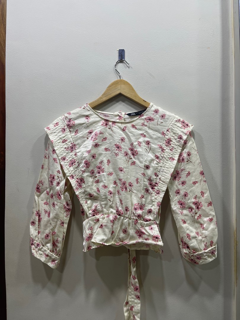 Zara Pink and White Floral Silk Blouse, Women's Fashion, Tops, Blouses