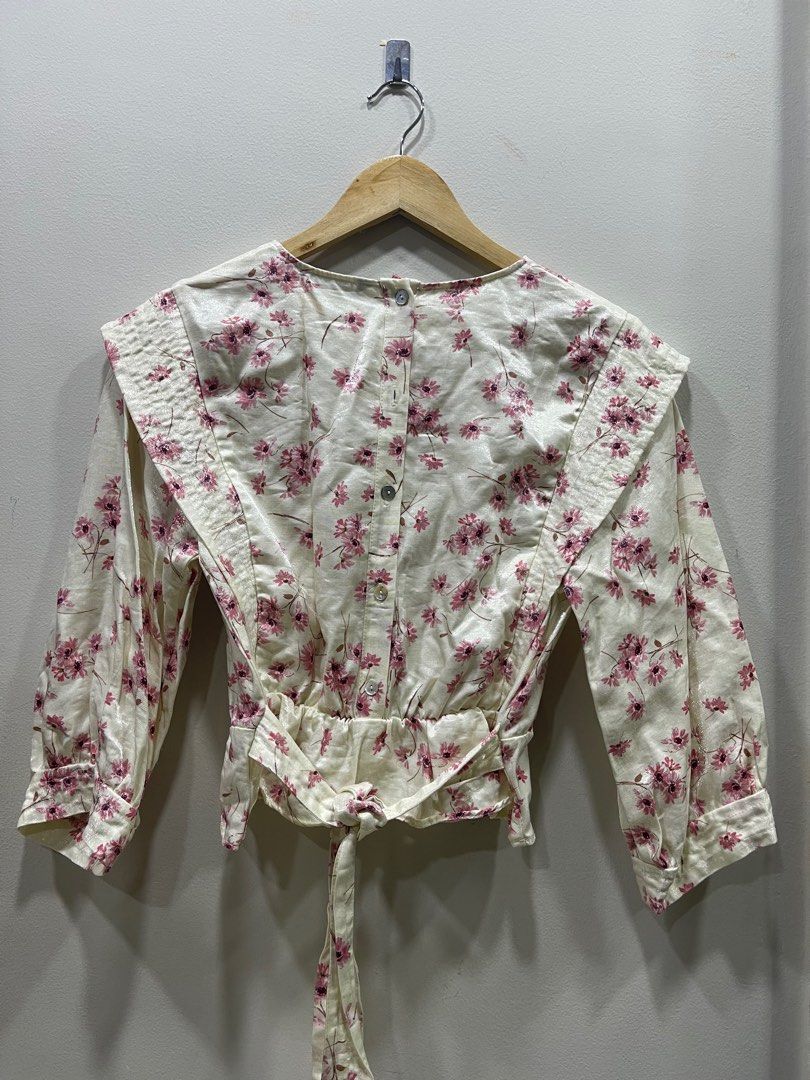 Zara Pink and White Floral Silk Blouse, Women's Fashion, Tops, Blouses