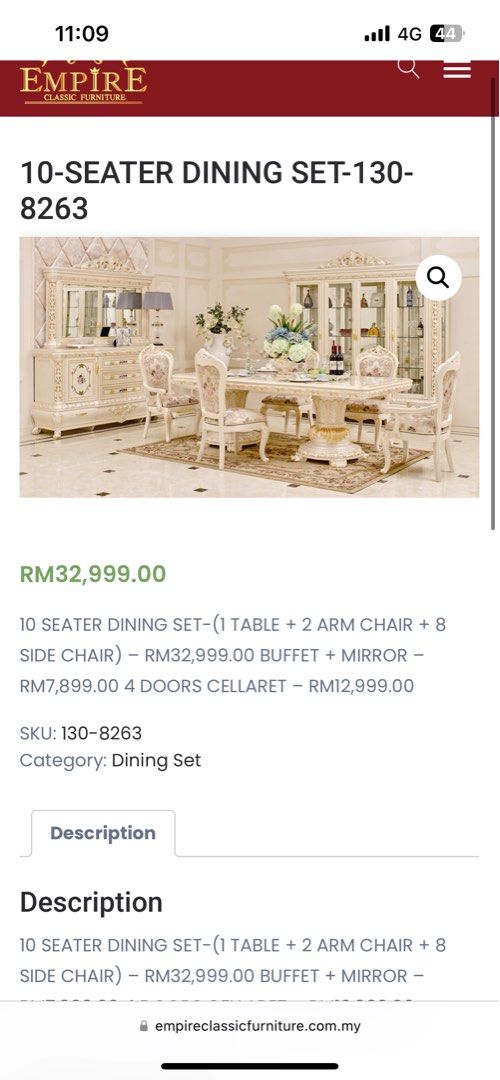 10 seater dining table (Empire Classic Furniture, Furniture & Home Living, Furniture, Tables