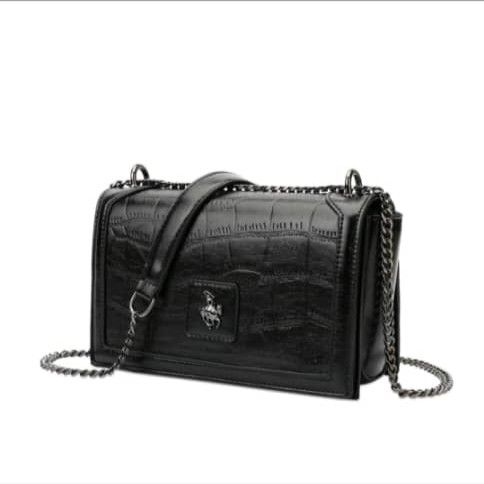 2in1 Matching Swiss Polo Chain Sling Bag Fold Wallet Black