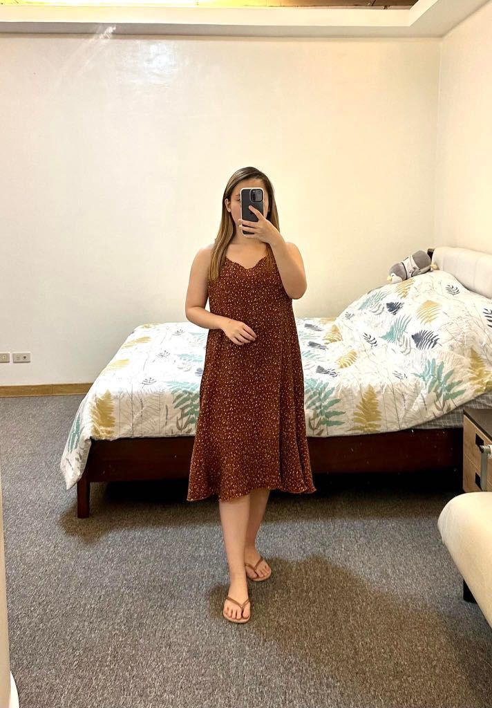 Brown Floral Midi Dress, Women's Fashion, Dresses & Sets, Dresses on ...