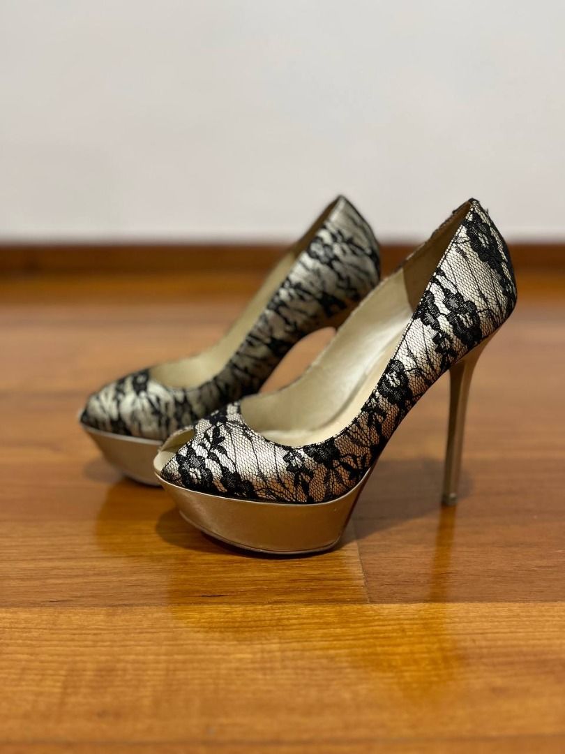 Charles Keith Gold Black Lace Heels, Women's Fashion, Footwear
