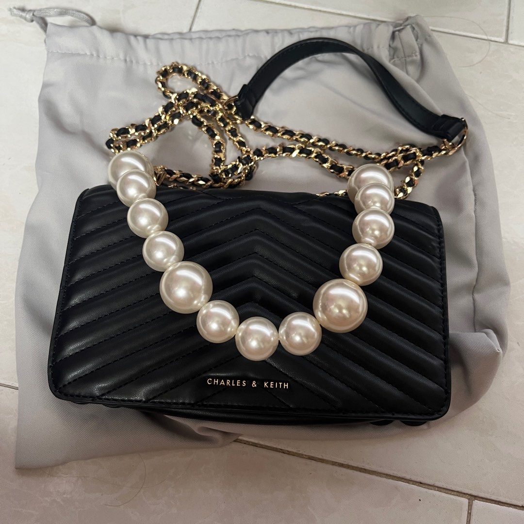 Charles and Keith Beaded Handle Crossbody Bag Black, Women's Fashion