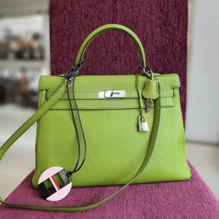 Hermes Kelly Handbag Vert Chartreuse Clemence with Palladium Hardware 28 Green