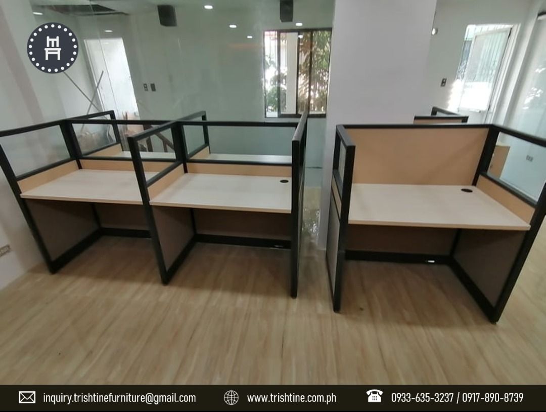 Modular Office Partition / Office Table (Category: Office Furniture & Fixtures) located in Caloocan City. Submitted by kennydashi82668 (Listing ID 1202931579, Image 3). Description: Modular Sharing Fabric with Glass Office Partition Glass 30cm (also available in frosted) Beige Aluminum End trims 4.68cm series Dimension: H1200mm x L1200mm x W600mm Worktop: 25mm Laminated MDF *we can customize the size and layout on your preference *fabric color an